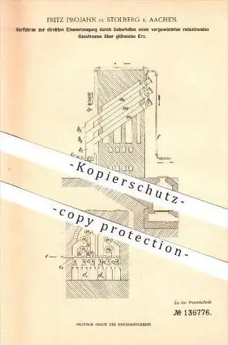 original Patent - Fritz Projahn in Stolberg bei Aachen , 1899 , Verfahren zur direkten Eisenerzeugung !!!