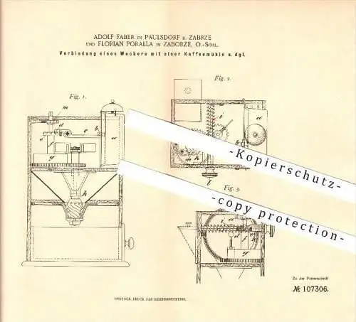 original Patent - A. Faber in Paulsdorf & F. Poralla in Zabrze , 1899 , Wecker mit Kaffemühle , Hindenburg O.S. !!!