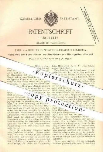 original Patent - Emil von Bühler in Westend-Charlottenburg , 1899 , Pasteurisieren u. Sterilisieren , Berlin !!!