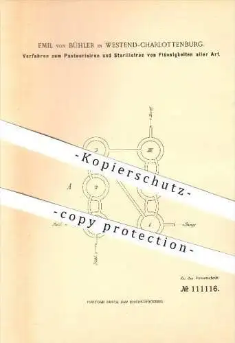 original Patent - Emil von Bühler in Westend-Charlottenburg , 1899 , Pasteurisieren u. Sterilisieren , Berlin !!!