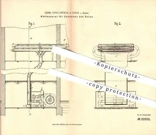 original Patent - Gebr. Stollwerck in Köln , 1882 , Kühlapparat für Schokolade und Kakao !!!