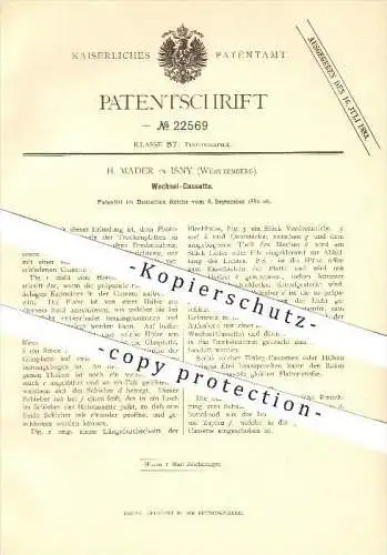 original Patent - H. Mader in Isny , 1882 , Wechselkassette , Fotografie , Fotograf , Kamera !!!