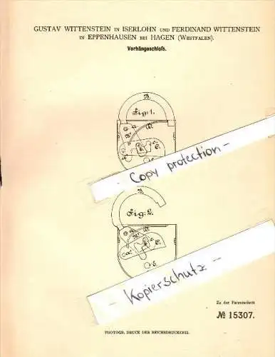 Original Patent - G. Wittenstein in Iserlohn und Eppenhausen b. Hagen , 1881 , Vorhängeschloß , Schloß !!!