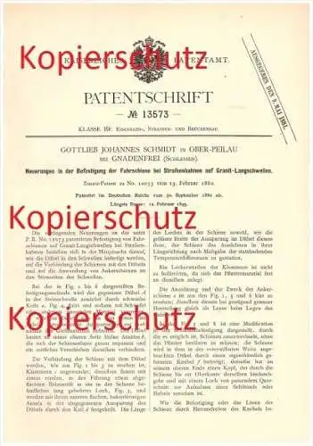 Original Patent - Gottlieb Johannes Schmidt in Ober Peilau / Pilawa Górna , 1880 , Eisenbahn , Gnadenfrei , Schlesien !!