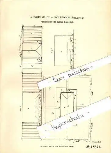 Original Patent - A. Ingermann in Koldmoos b. Apenrade / Aabenraa , 1880 , Futterkasten für Federvieh , Geflügel !!!