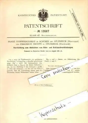 Original Patent - Franz Hammerschmidt und F. Droste in Schüren b. Aplerbeck , 1880 , Abdichtung , Dortmund !!!