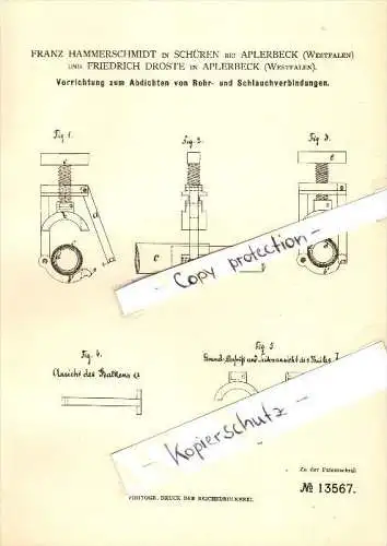 Original Patent - Franz Hammerschmidt und F. Droste in Schüren b. Aplerbeck , 1880 , Abdichtung , Dortmund !!!