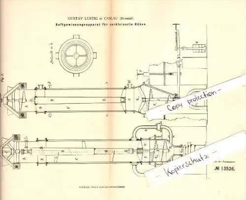 Original Patent - Gustav Lustig in Caslau / Cáslav , 1880 , Saft-Gewinnungsapparat für Rüben !!!