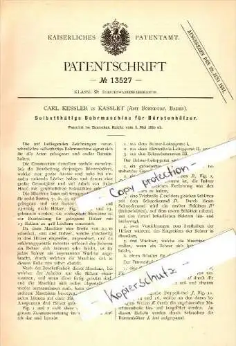 Original Patent - Carl Kessler in Kaßlet b. Bonndorf im Schwarzwald , 1880 , selbsttätige Bohrmaschine für Bürsten !!!