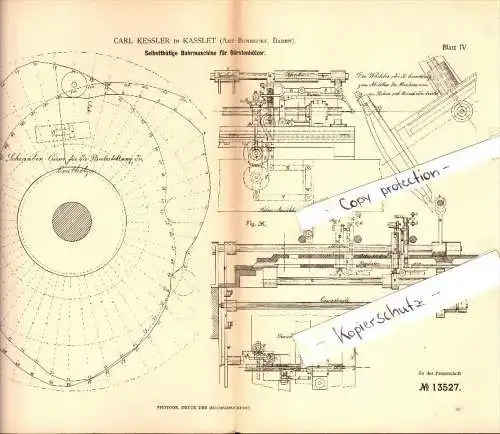 Original Patent - Carl Kessler in Kaßlet b. Bonndorf im Schwarzwald , 1880 , selbsttätige Bohrmaschine für Bürsten !!!