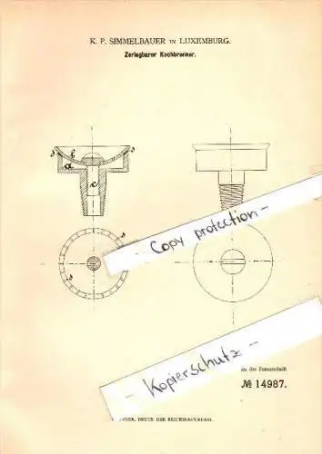 Original Patent - K.P. Simmelbauer in Luxemburg , 1880 , zerlegbarer Kochbrenner , Kocher , Luxembourg !!!