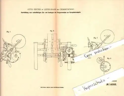 Original Patent - Otto Dinter in Leitelshain b. Crimmitschau , 1880 , Apparat für Spinnerei !!!