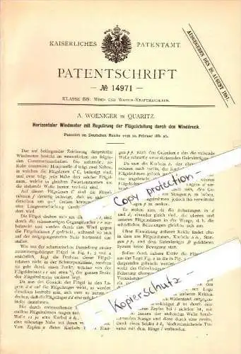 Original Patent - A. Woeniger in Quaritz / Gaworzyce , 1881 , horizontaler Windmotor , Windrad , Schlesien !!!