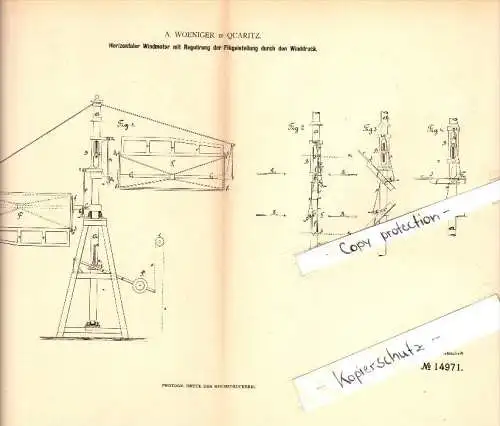 Original Patent - A. Woeniger in Quaritz / Gaworzyce , 1881 , horizontaler Windmotor , Windrad , Schlesien !!!