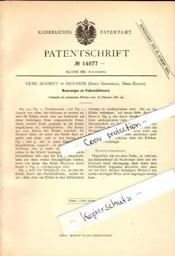 Original Patent - Brothers Schmitt à Isenheim / Issenheim , 1881 , serrure de porte , Guebwiller / Gebweiler !!!