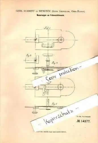 Original Patent - Brothers Schmitt à Isenheim / Issenheim , 1881 , serrure de porte , Guebwiller / Gebweiler !!!