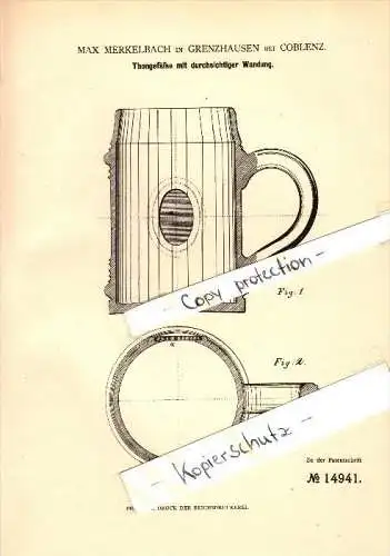 Original Patent - Max Merkelbach in Grenzhausen b. Koblenz , 1881 , durchsichtige Thongefäße , Höhr-Grenzhausen !!!