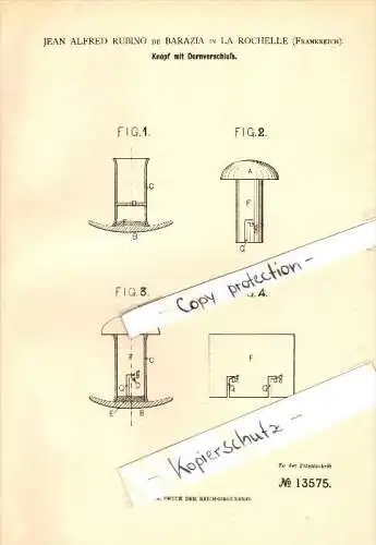 Original Patent - Jean Alfred Rubino de Barazia à La Rochelle , 1880 , Fermeture par boutons avec boucle !!