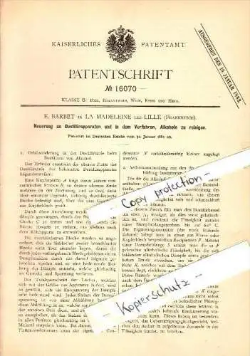 Original Patent - E.A. Barbet à La Madeleine lez Lille , 1881 , Distillation de l'alcool pour le nettoyage !!!