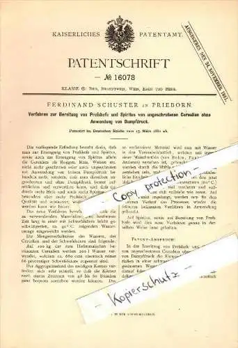 Original Patentschrift - F. Schuster in Prieborn / Przeworno , 1881 , Herstellung von Preßhefe und Spiritus , Brauerei !