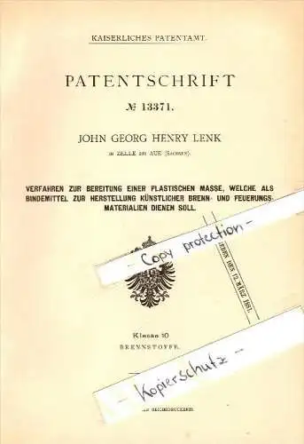 Original Patent - J.G.H. Lenk in Zelle b. Aue , Sachsen , 1880 , Bereitung einer plastischen Masse !!!