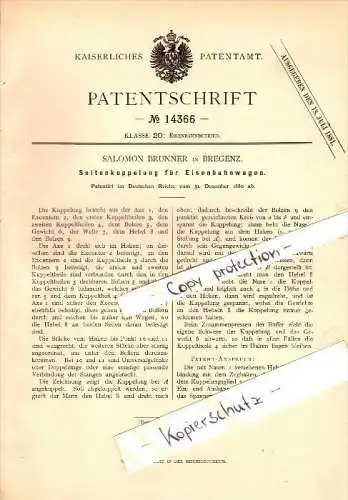 Original Patent - Salomon Brunner in Bregenz , Vorarlberg , 1880 , Seitenkupplung für Eisenbahn !!!