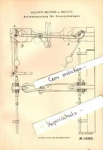 Original Patent - Salomon Brunner in Bregenz , Vorarlberg , 1880 , Seitenkupplung für Eisenbahn !!!