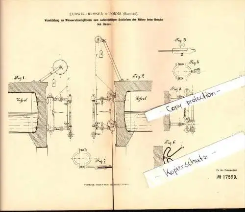 Original Patent - Ludwig Heppner in Borna i. Sachsen , 1881 , bruchsichere Wasserstandsgläser , Dampfkessel !!!