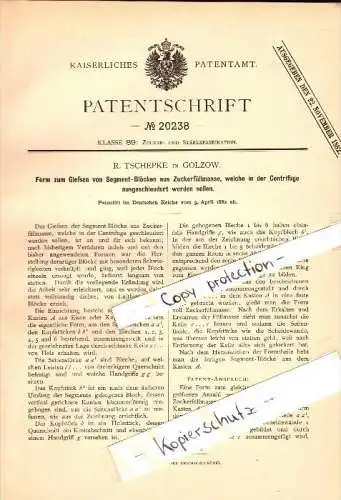 Original Patent - R. Tschepke in Golzow , 1882 , Segmentblöcke aus Zuckerfüllmasse , Oderbruch , Zuckerfabrik !!!