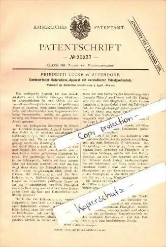 Original Patent - Friedrich Lücke in Atzendorf bei Staßfurt oder Merseburg , 1882 , Saturations-Apparat , Zuckerfabrik !