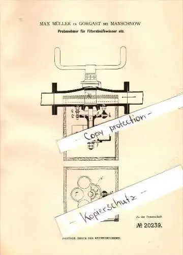 Original Patent - Max Müller in Gorgast b. Manschnow ,1882, Probenehmer für Süßwasserfilter , Küstriner Vorland , Golzow