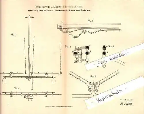 Original Patent - Carl Geyer in Lindau im Bodensee , 1882 , Vorrichtung zm Ausspannen der Pferde !!!