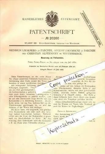 Original Patent -H. Lieseberg ,A. Lieverenz in Parchim und Ch. Alpermann in Wittenberge , 1882 , Faßwinden , Mecklenburg