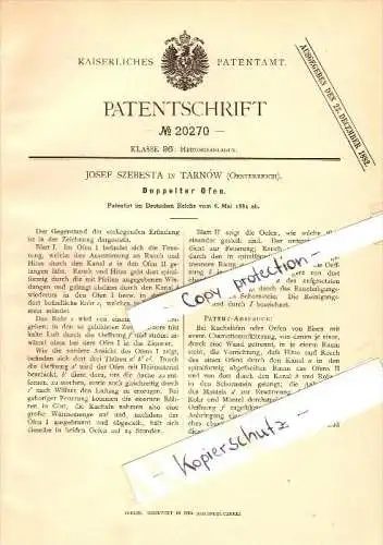 Original Patent - Josef Szebesta in Tarnów / Tarnau , 1882 , doppelter Ofen , Heizungsbau !!!