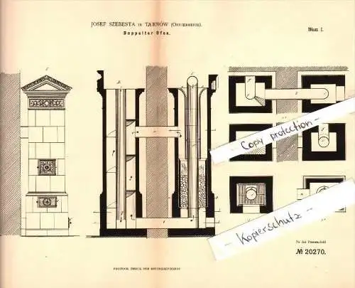 Original Patent - Josef Szebesta in Tarnów / Tarnau , 1882 , doppelter Ofen , Heizungsbau !!!