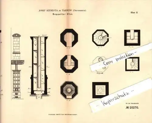 Original Patent - Josef Szebesta in Tarnów / Tarnau , 1882 , doppelter Ofen , Heizungsbau !!!