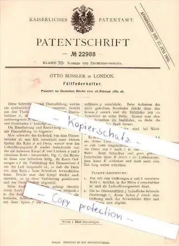 Original Patent - Otto Bussler in London , 1882 , Füllfederhalter , Federhalter !!!