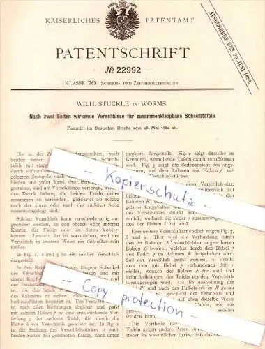 Original Patent - Wilh. Stuckle in Worms , 1882 , Schreibtafel , Tafel , Schule !!!