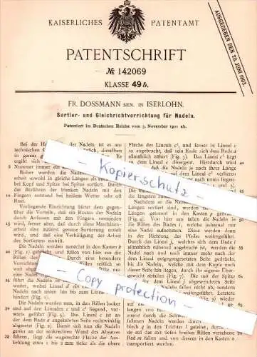 Original Patent - Fr. Dossmann sen. in Iserlohn , 1901 , Sortier- und Gleichrichtvorrichtung  !!!