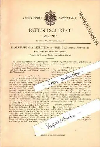 Original Patent - E. Alabarbe & A. Lebrethon à Lisieux , Calvados , 1882 , Chauffage et refroidissement appareil !!!