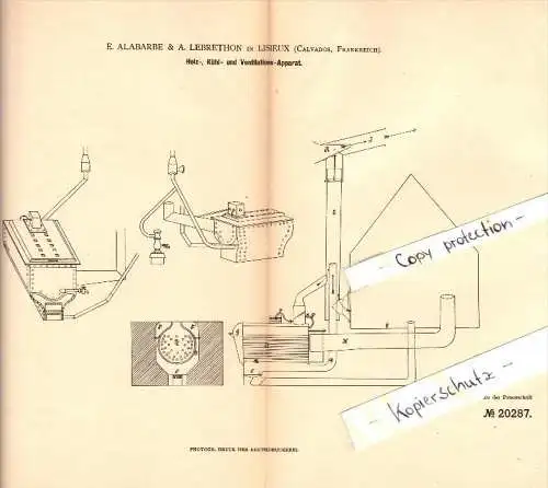 Original Patent - E. Alabarbe & A. Lebrethon à Lisieux , Calvados , 1882 , Chauffage et refroidissement appareil !!!