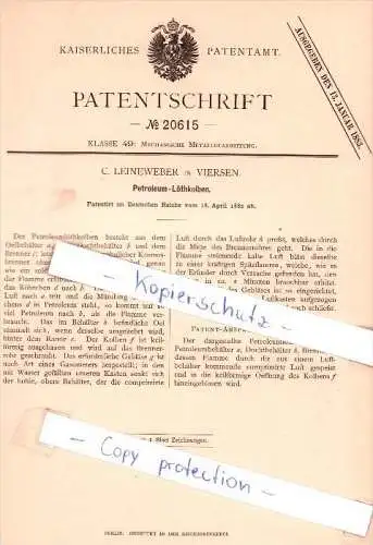 Original Patent - C. Leineweber in Viersen , 1882 , Petroleum-Lötkolben !!!