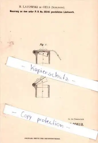 Original Patent - R. Latowski in Oels / Olesnica , Schlesien , 1882 , Neuerung an dem Läutewerk !!!