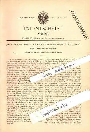 Original Patent - Johannes Bachmann in Kleinsorheim b. Möttingen , 1882 , Malz-Entkeimungsmaschine , Mühle , Nördlingen