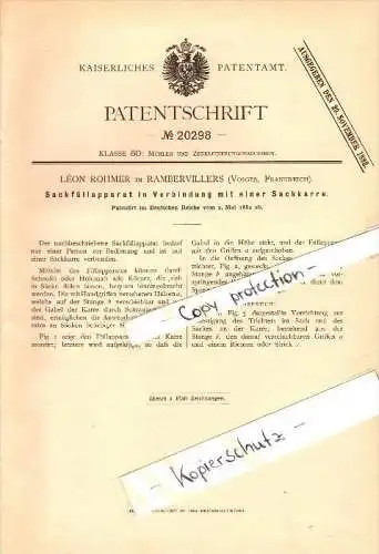 Original Patent - Léon Rohmer à Rambervillers , Vosges , 1882 , Dispositif de remplissage Sac !!!