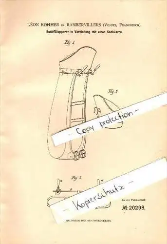 Original Patent - Léon Rohmer à Rambervillers , Vosges , 1882 , Dispositif de remplissage Sac !!!