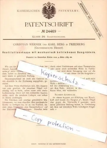 Original Patent - C. Werner und K. Berg in Friedberg , Grossherzogth. Hessen , 1883 , Feuerung , Heizungsbau !!!