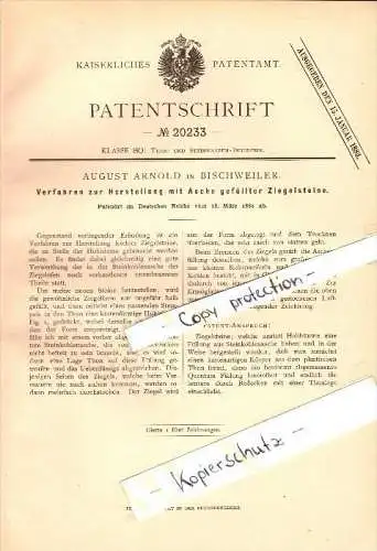 Original Patent - August Arnold à Bischweiler / Bischwiller , 1882 , Production de remplie de briques de cendres !!!