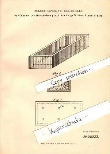 Original Patent - August Arnold à Bischweiler / Bischwiller , 1882 , Production de remplie de briques de cendres !!!