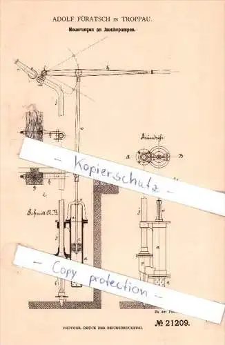 Original Patent - Adolf Füratsch in Troppau / Opava , 1882 , Neuerungen an Jauchepumpen !!!